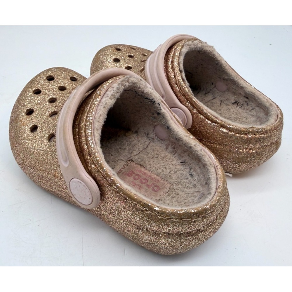 Crocs Classic Lined Clogs Gold Glitter Pink Cozy Fuzzy Toddler | Girl's Size 6 - Picture 6 of 12